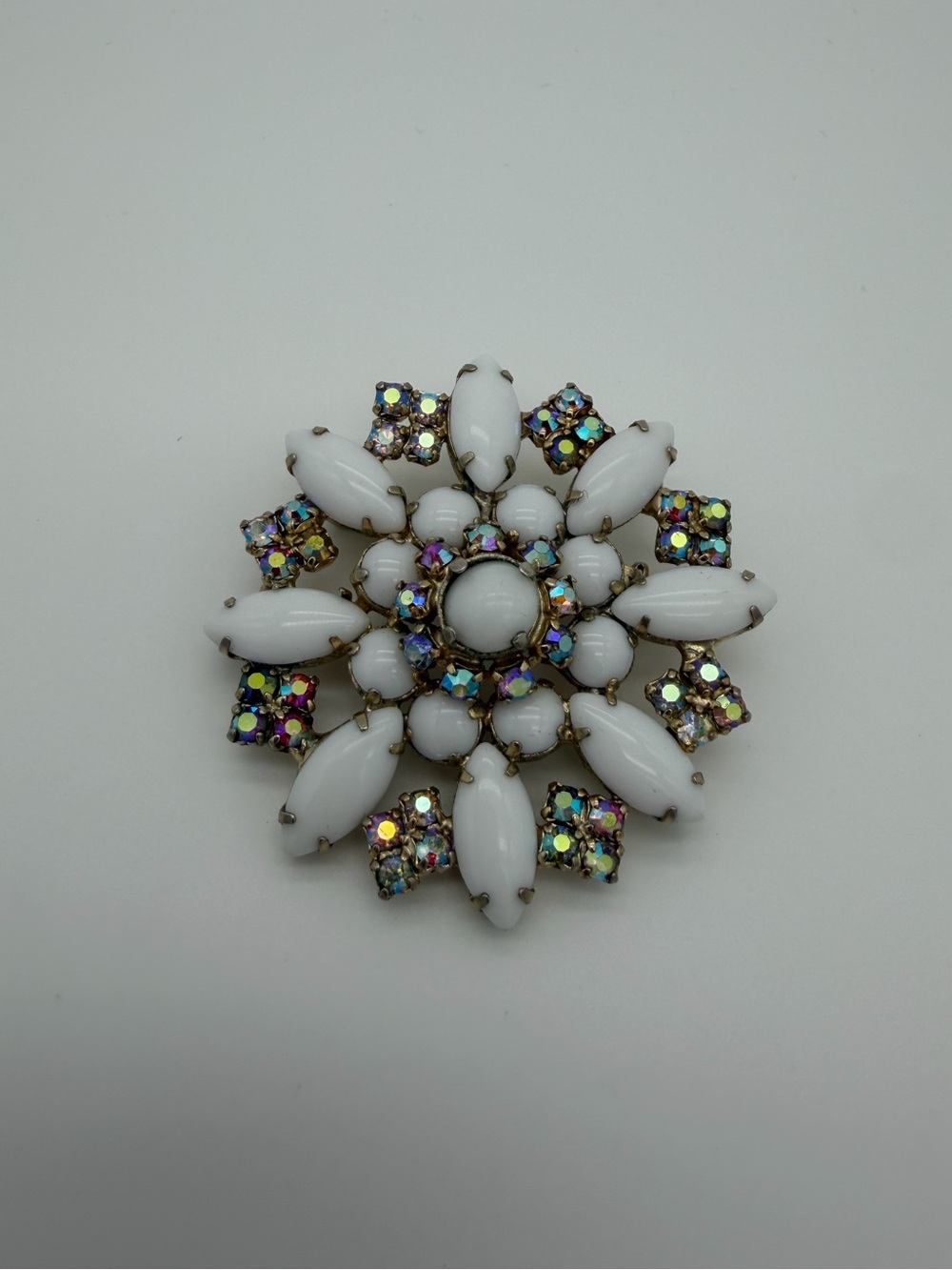 Vintage Aurora Borealis & Milk Glass Brooch